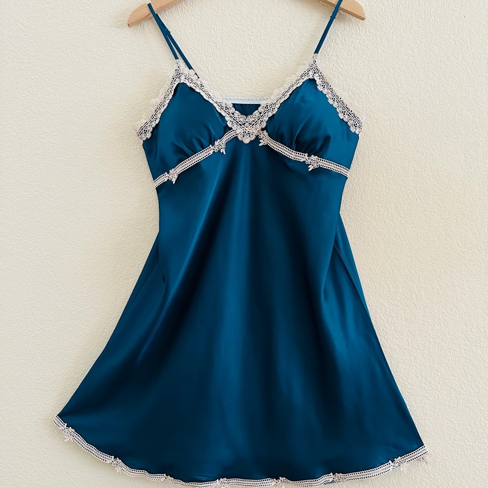 Teal Satin Lace-Trim Chemise - Women's Sleepwear